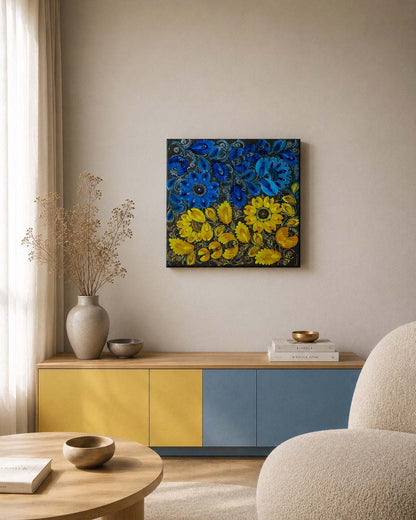 Modele ucrainene albastre și galbene. Pictate pe pânză. (40x40). (1420 AH)