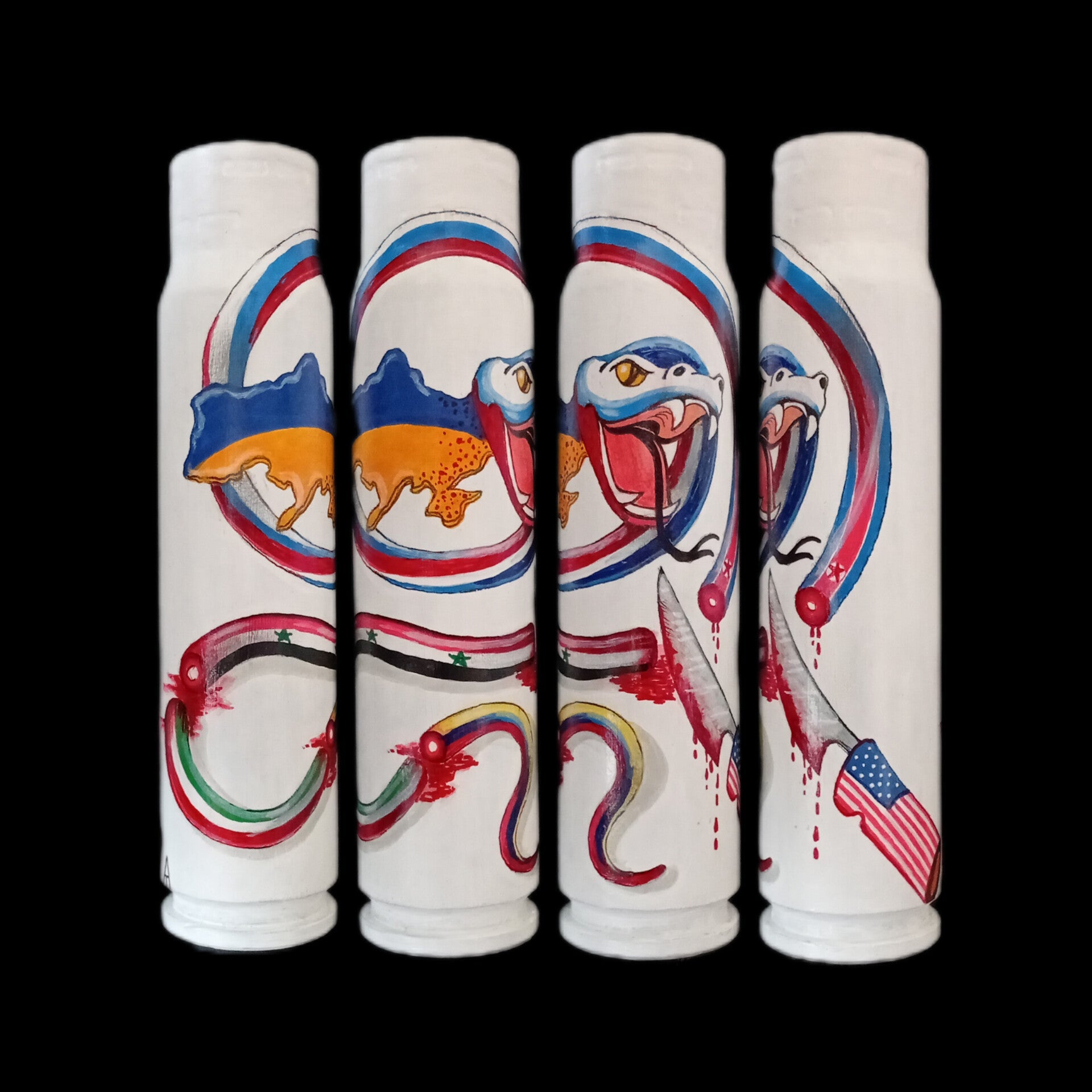 30mm exploded shell artwork titled Cutting up the russian snake by Ukrainian artist Tanya Leonova