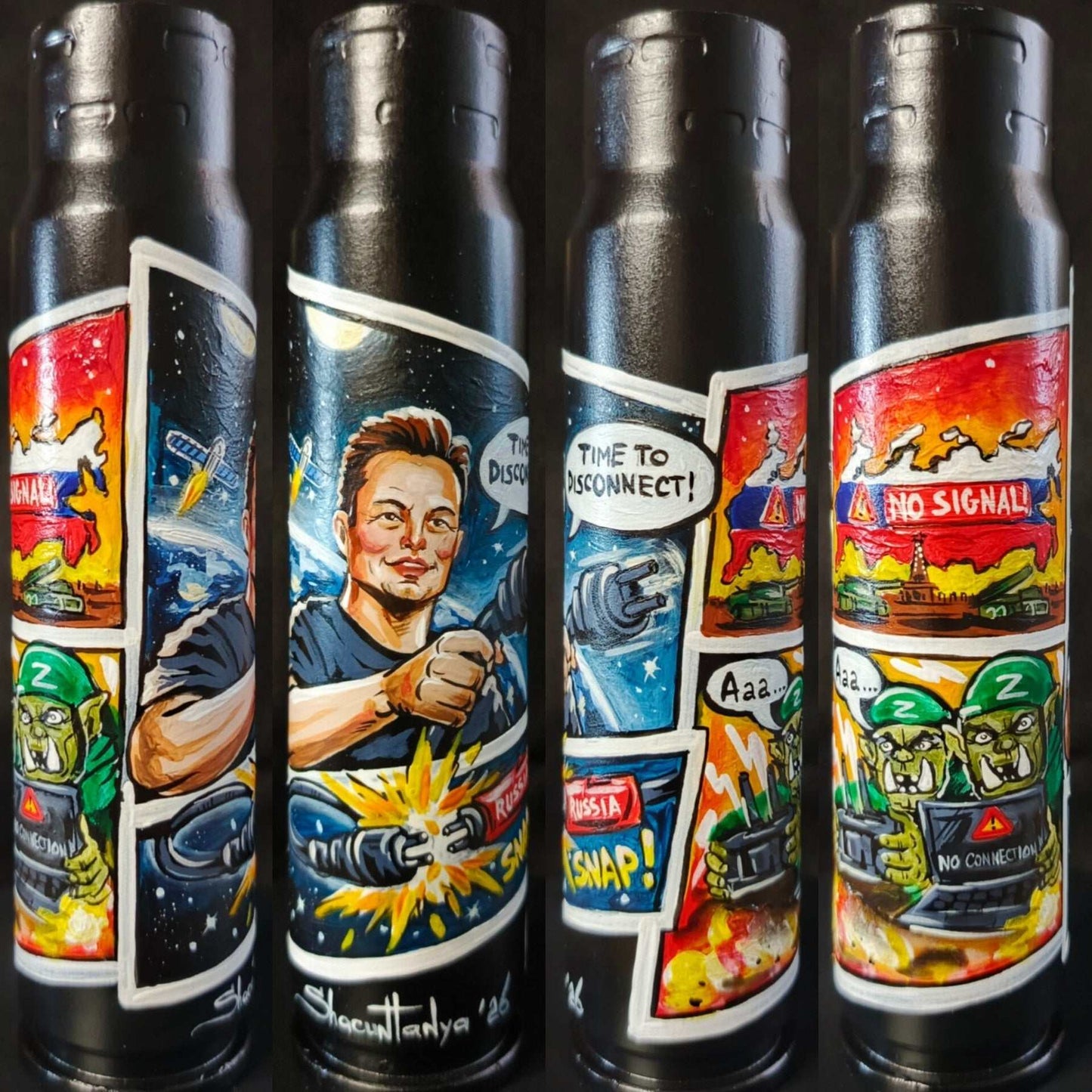 30mm exploded shell painted with "Bye bye Starlink" artwork by Ukrainian artist Tanya Shacun
