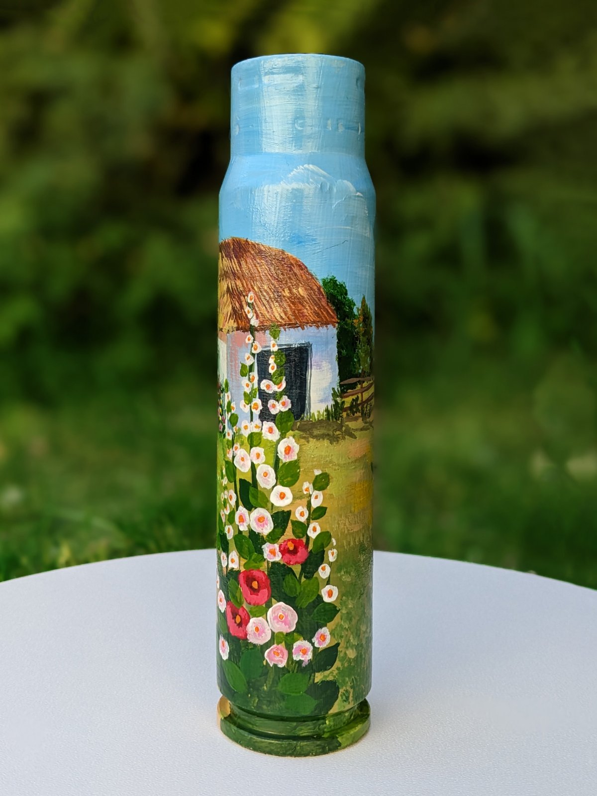 30mm shell with drawing of farm house. (#802)