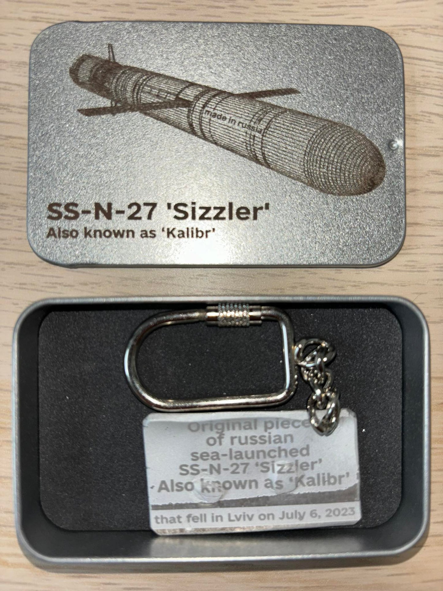 Engraved keychain made from a shot down "Kalibr" missile