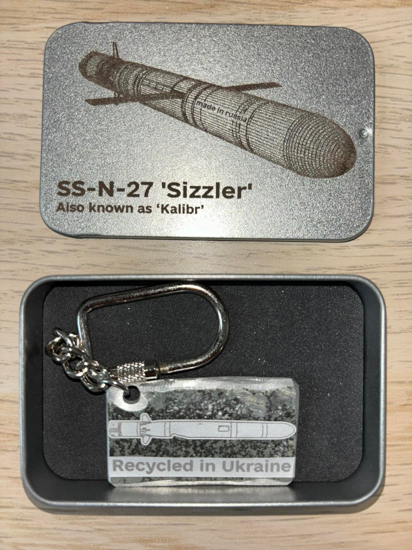 Engraved keychain made from a shot down "Kalibr" missile