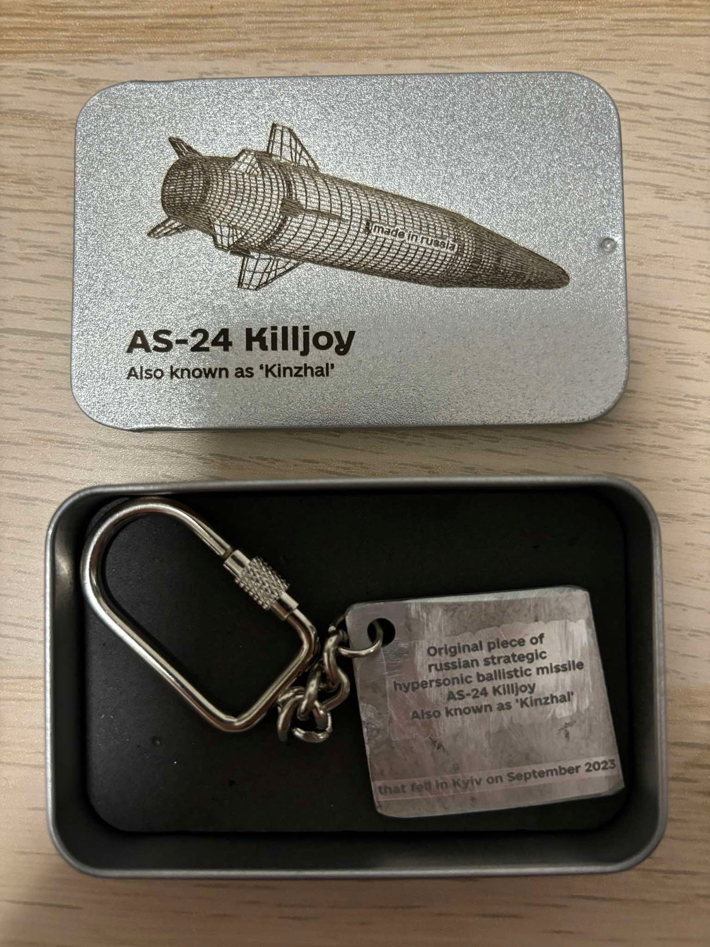 Engraved keychain made from a shot down "Kinzhal" hypersonic missile