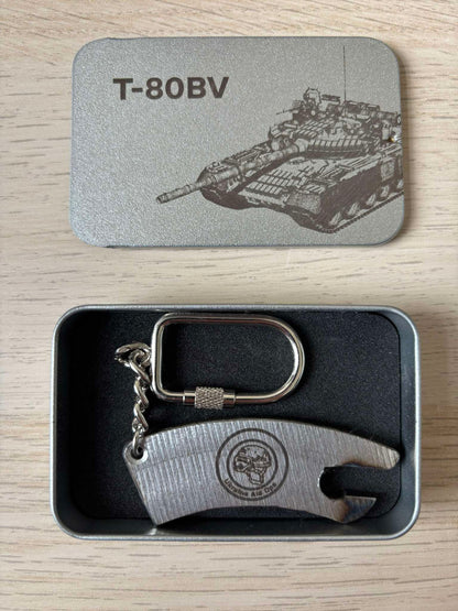 Engraved bottle-opener keychain made from a destroyed Russian T80BV tank (destroyed in 2022 near Poliske, north of Kyiv)