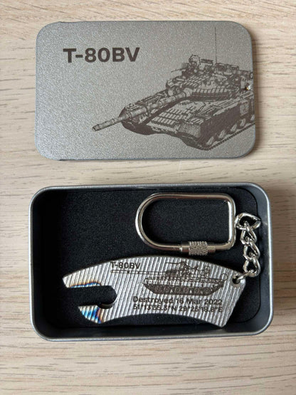 Engraved bottle-opener keychain made from a destroyed Russian T80BV tank (destroyed in 2022 near Poliske, north of Kyiv)