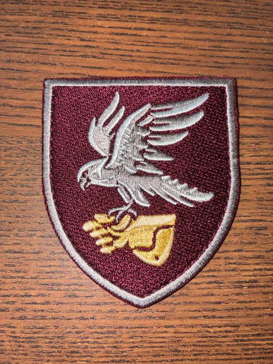 Patch - 421st Unmanned Systems Battalion burgundy embroidered shield with silver eagle and golden winged emblem