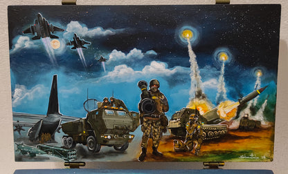 "Thank you United States." painted ammunition box. (47x28x17cm).