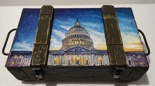 "Thank you United States." painted ammunition box. (47x28x17cm).