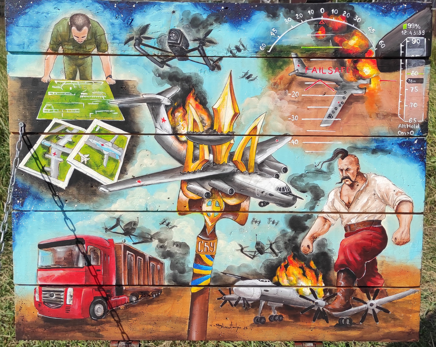 "Operation Spiderweb." painted ammunition box.