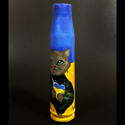 30mm shell with drawing of cat holding Ukrainian heart (#706)