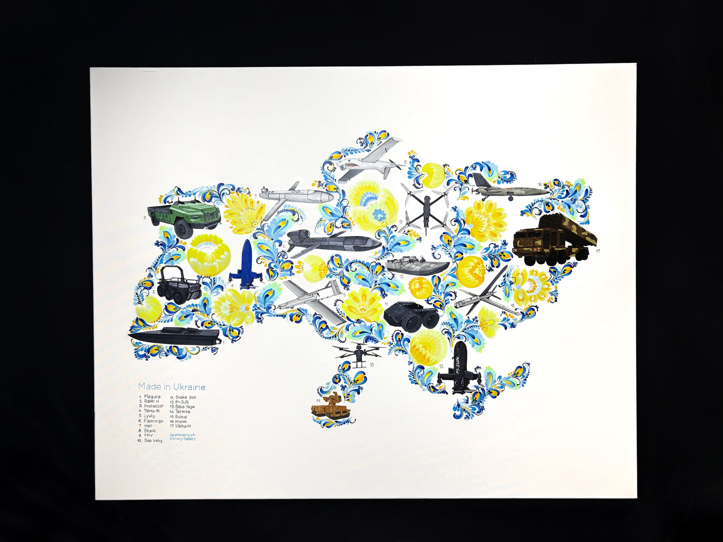 Map of drones made in Ukraine painted on canvas by Anastasia Leonova with Russian text about demilitarization