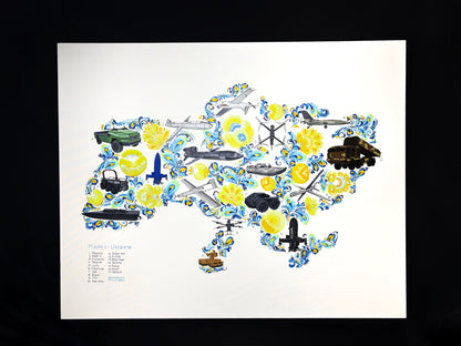 Map of drones made in Ukraine painted on canvas by Anastasia Leonova with Russian text about demilitarization