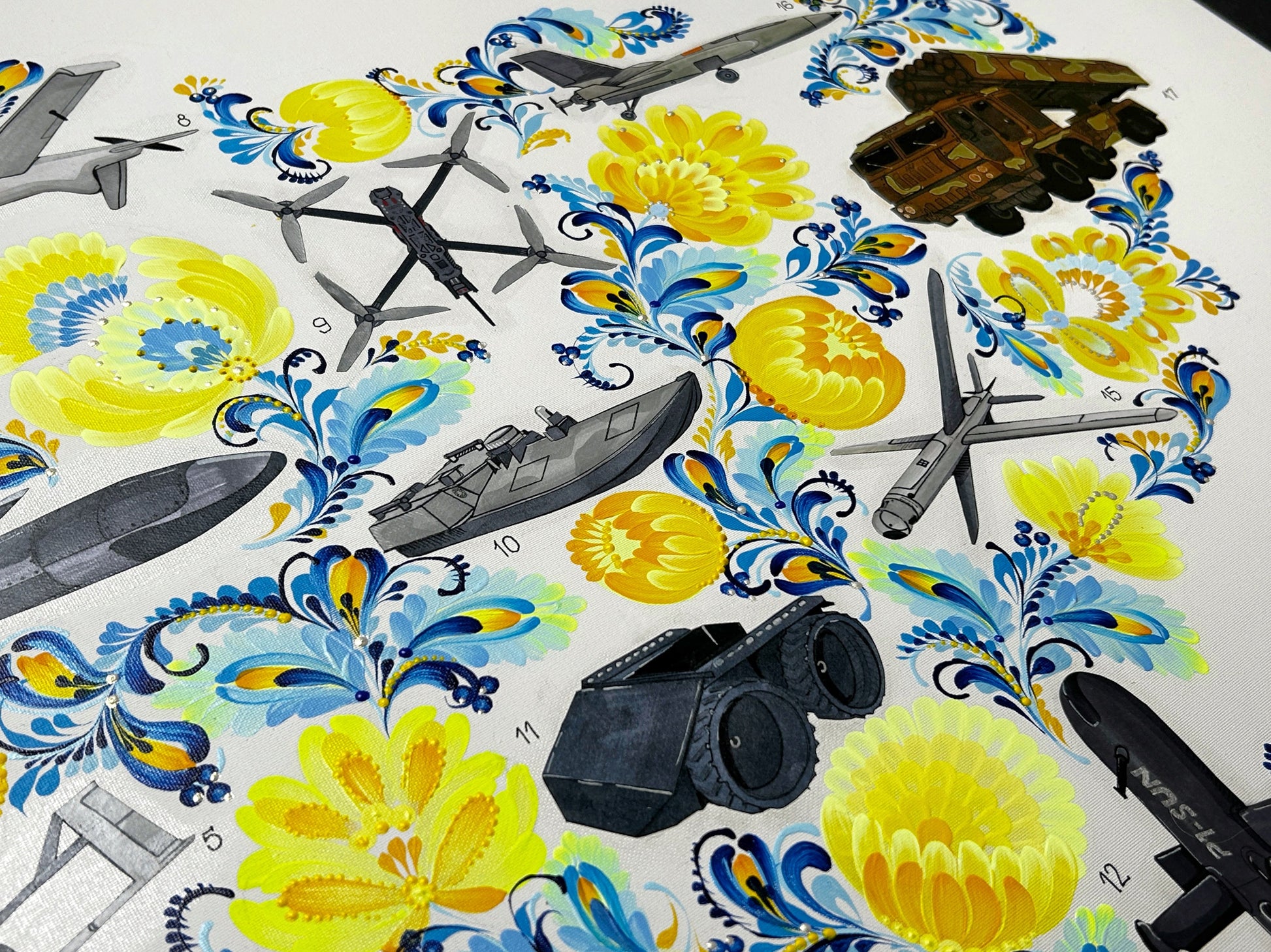 Map of drones made in Ukraine painted on canvas by Anastasia Leonova