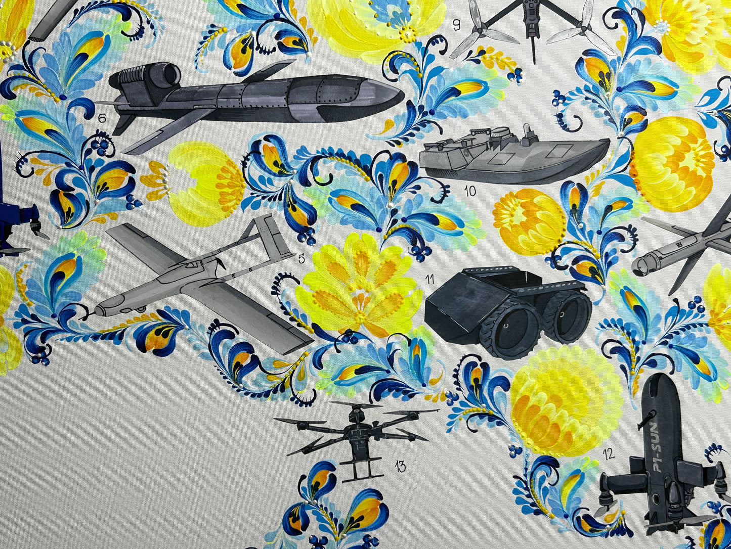 Map of drones made in Ukraine painted on canvas by Anastasia Leonova