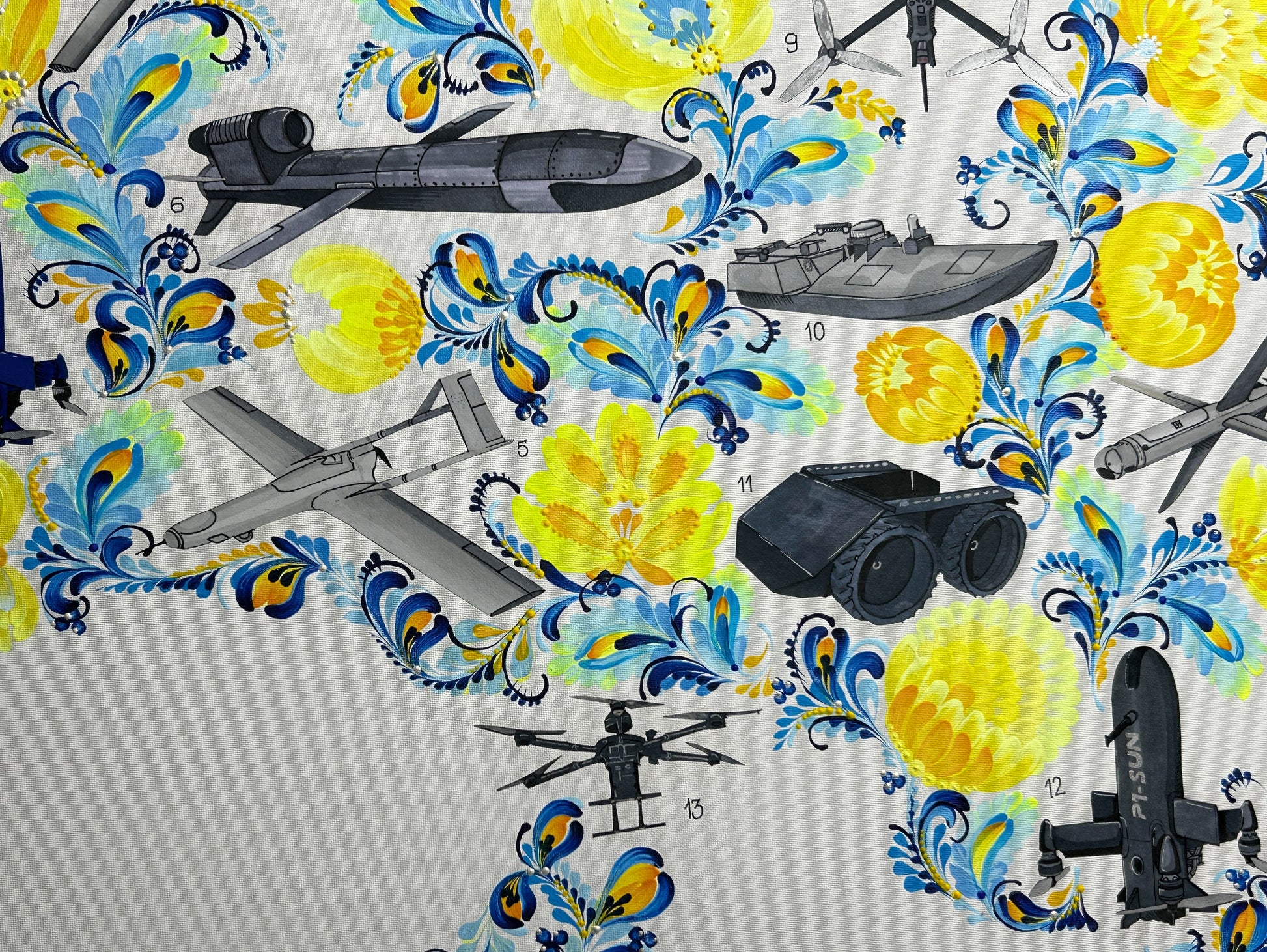 Map of drones made in Ukraine painted on canvas by Anastasia Leonova