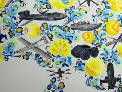 Map of drones made in Ukraine painted on canvas by Anastasia Leonova