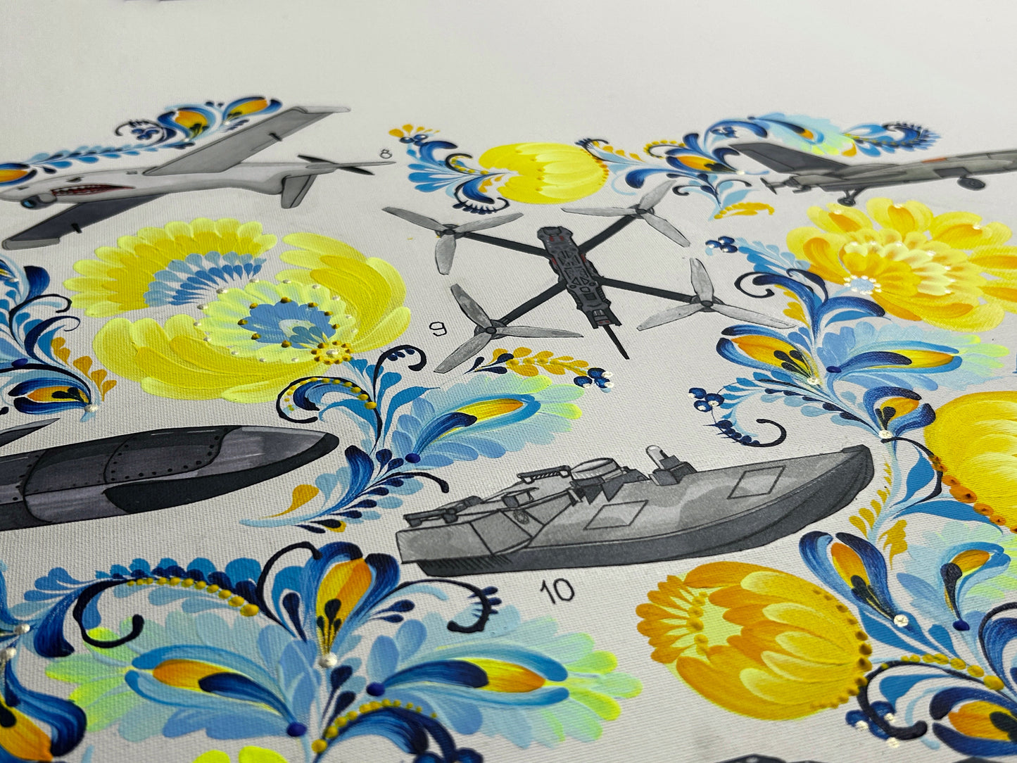 Map of drones made in Ukraine painted on canvas by Anastasia Leonova with Russian text about demilitarization