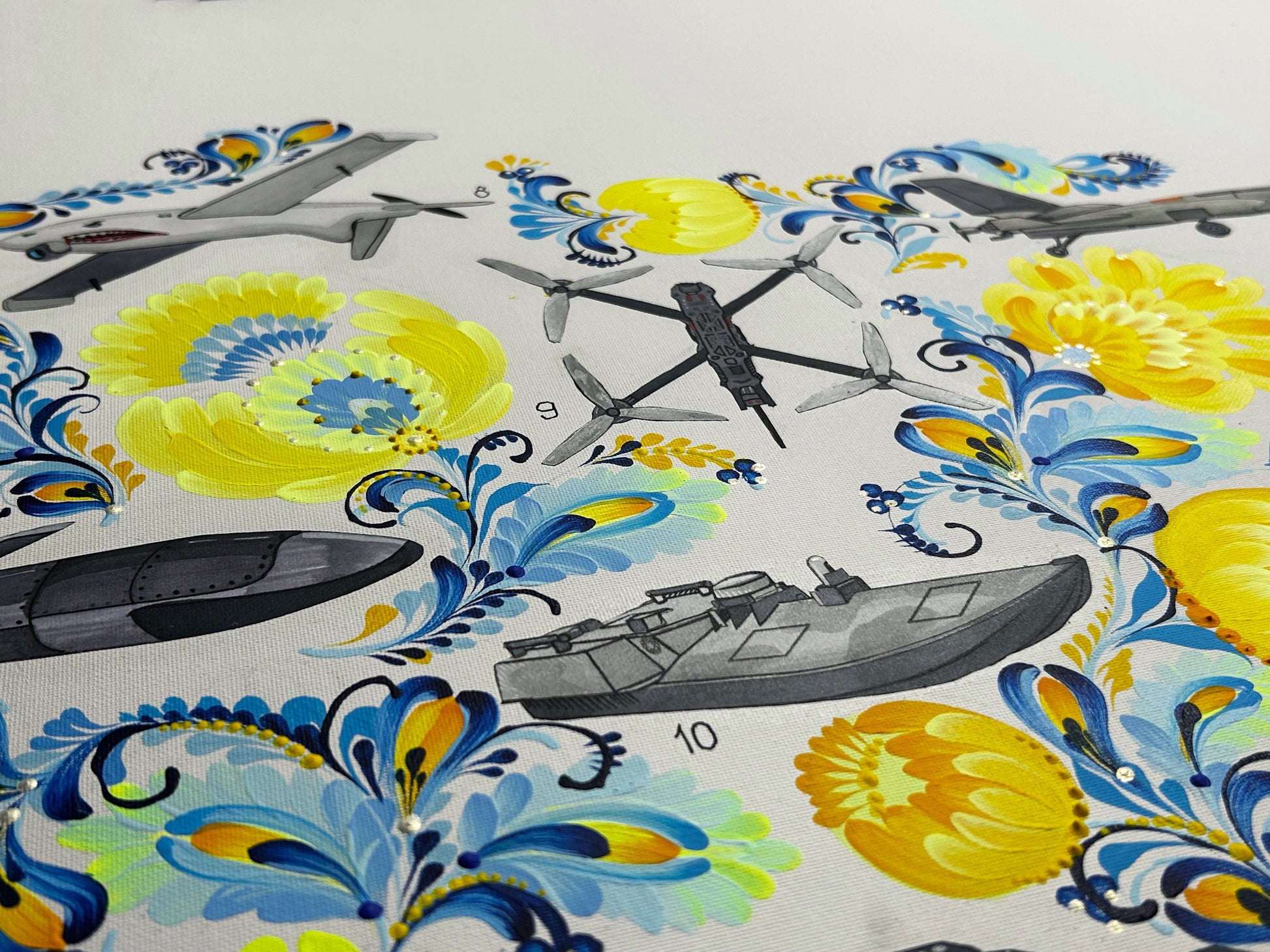 Map of drones made in Ukraine painted on canvas by Anastasia Leonova with Russian text about demilitarization