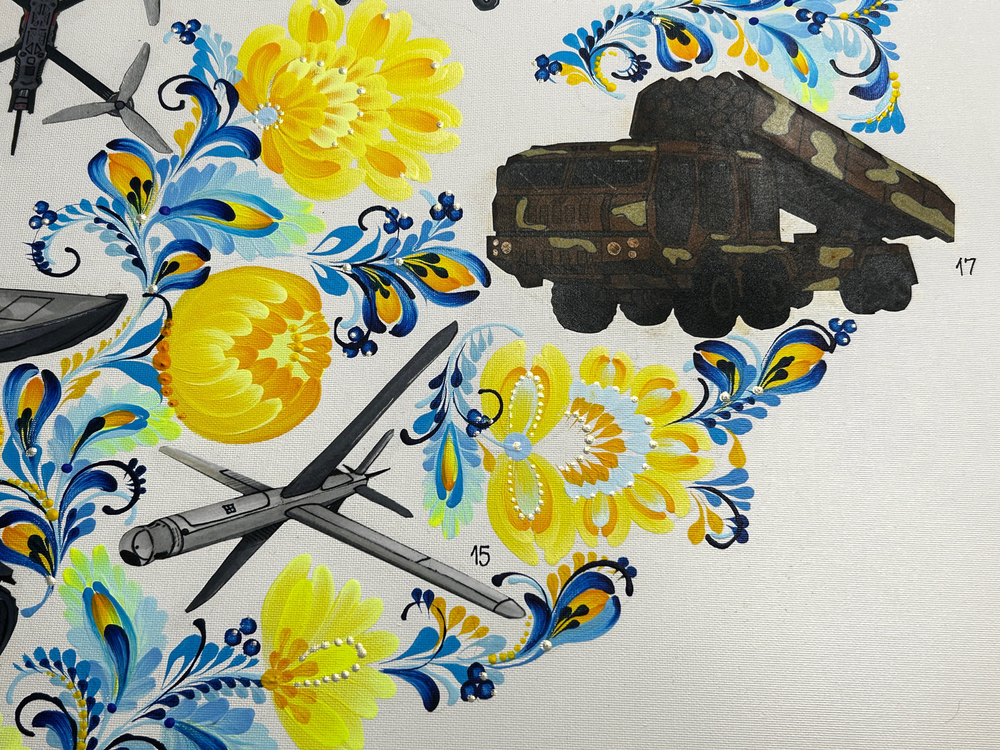 Map of drones made in Ukraine painted on canvas by Anastasia Leonova with Russian text about demilitarization