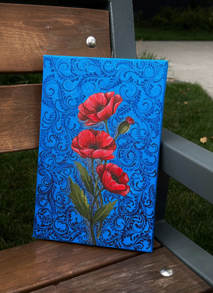 Painted ammunition box with poppy flowers by Anastasia Leonova, featuring map of drones theme