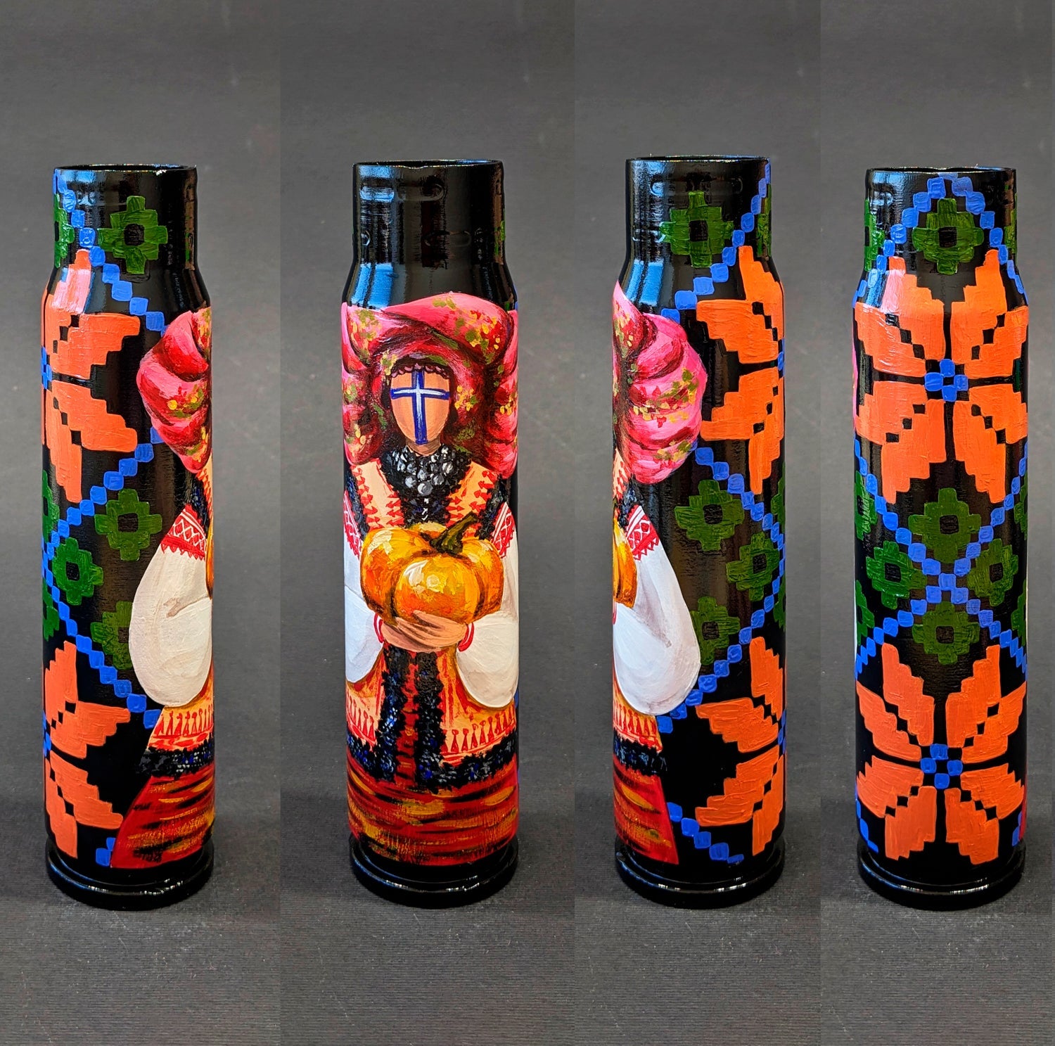 Ukrainian Motanka doll with pumpkin design painted on 30mm shell by Catherine Ruban