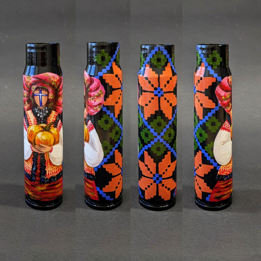 Ukrainian Motanka with pumpkin, painted on 30mm shell. (1143 CR)