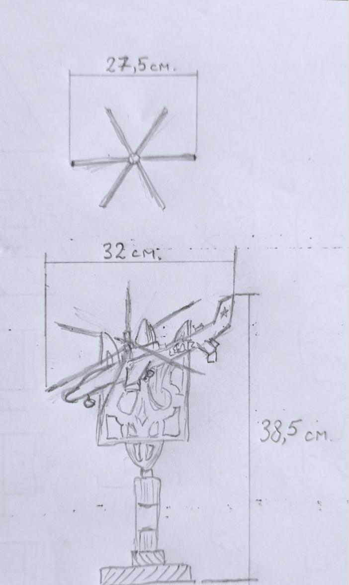 Hélicoptère d'attaque Mil MI-24 empalé sur Tryzub . 38,5x32x27,5cm (HxLxP)