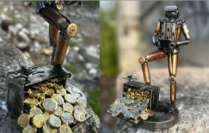 Sculpture of Ukrainian soldier with flag operating FPV drone earning points for kills, made from frontline shells, 27cm tall