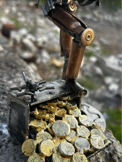 Sculpture of Ukrainian Soldier with flag operating FPV drone earning kill points, made from frontline shells, 27cm tall