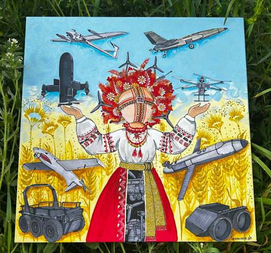 Motanka painting with map of Ukrainian-made drones on canvas by Anastasia Leonova