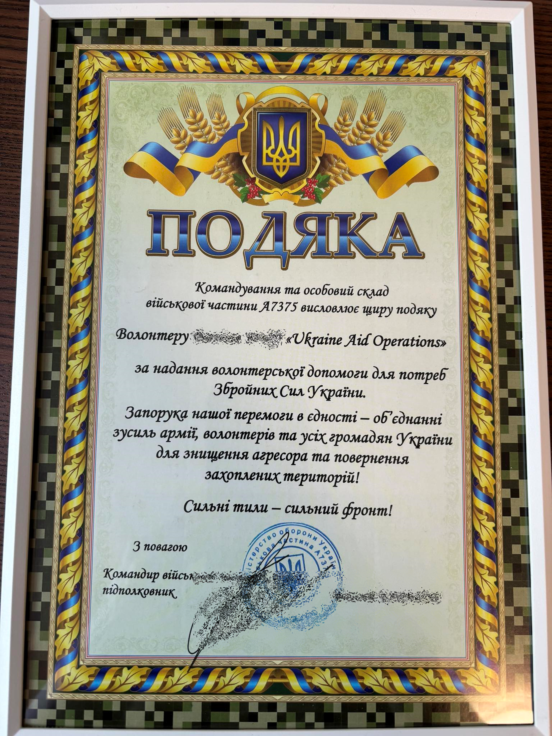 UAO Recognition Ukrainian Battalion