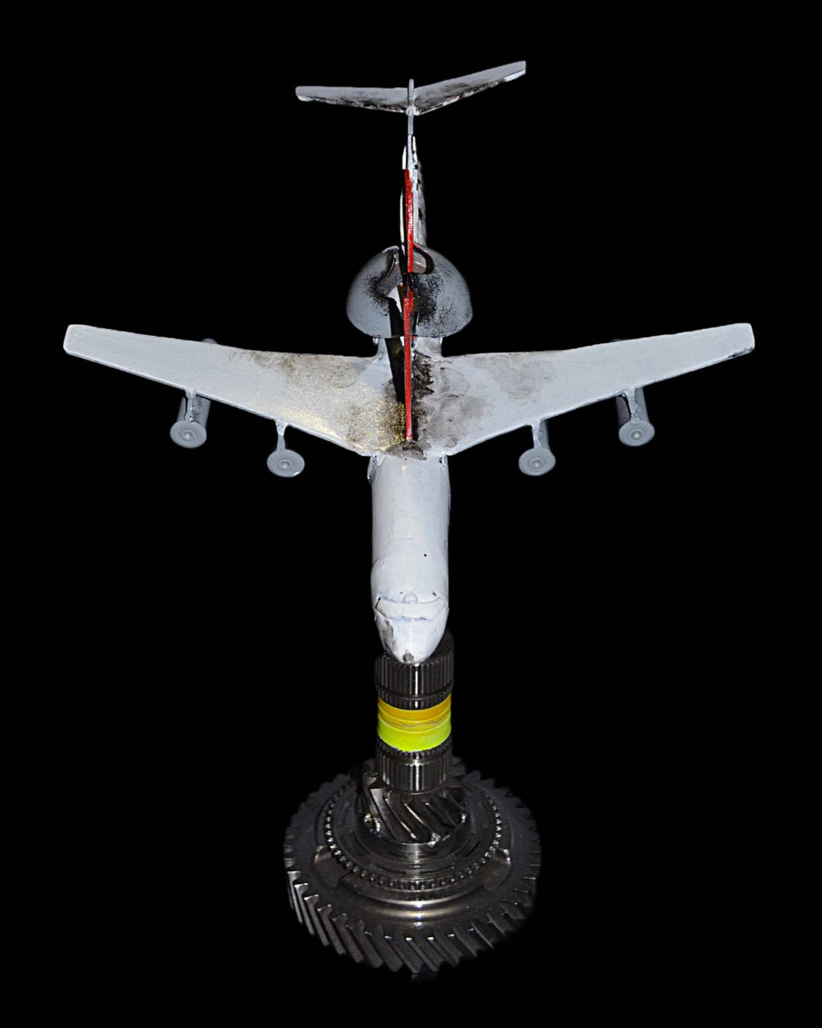 Downed A50 early warning aircraft model impaled on 36cm Tryzub sculpture by Hisoshi Art Studio
