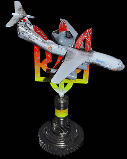 Downed A50 early warning aircraft model impaled on 36cm Tryzub sculpture by Hisoshi Art Studio