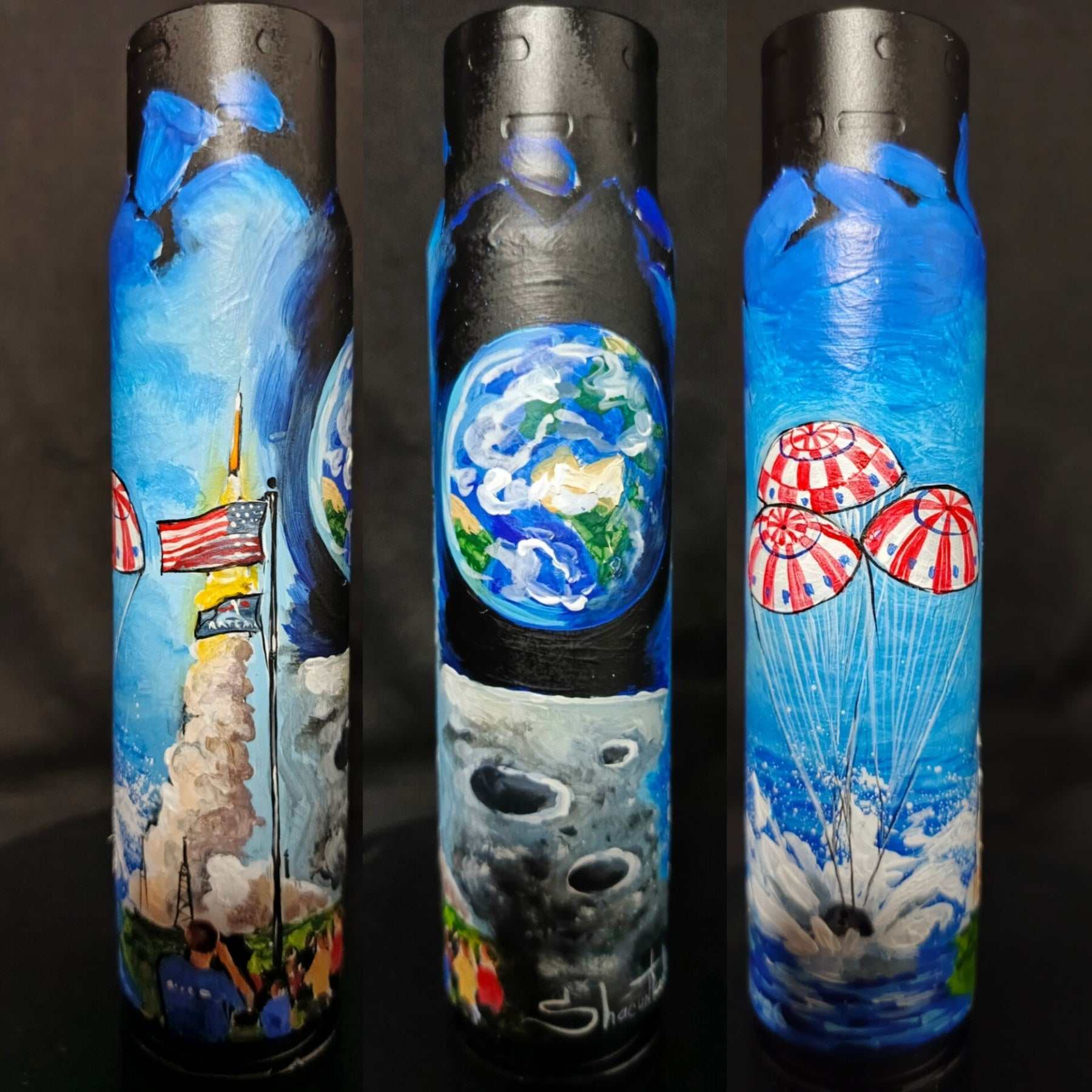 30mm exploded shell artwork titled Artemis II mission by Tanya Shacun showcasing human ingenuity and destruction