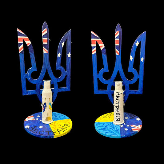 Tryzub emblem painted with Australian flag design, 13.5x6.5cm, by Victory Gallery artist Anastasia Leonova
