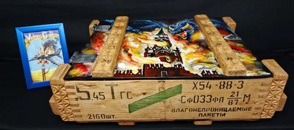 Painted ammunition box titled Big Ukrainian Party by Tanya Shacun inspired by Putin and war conditions