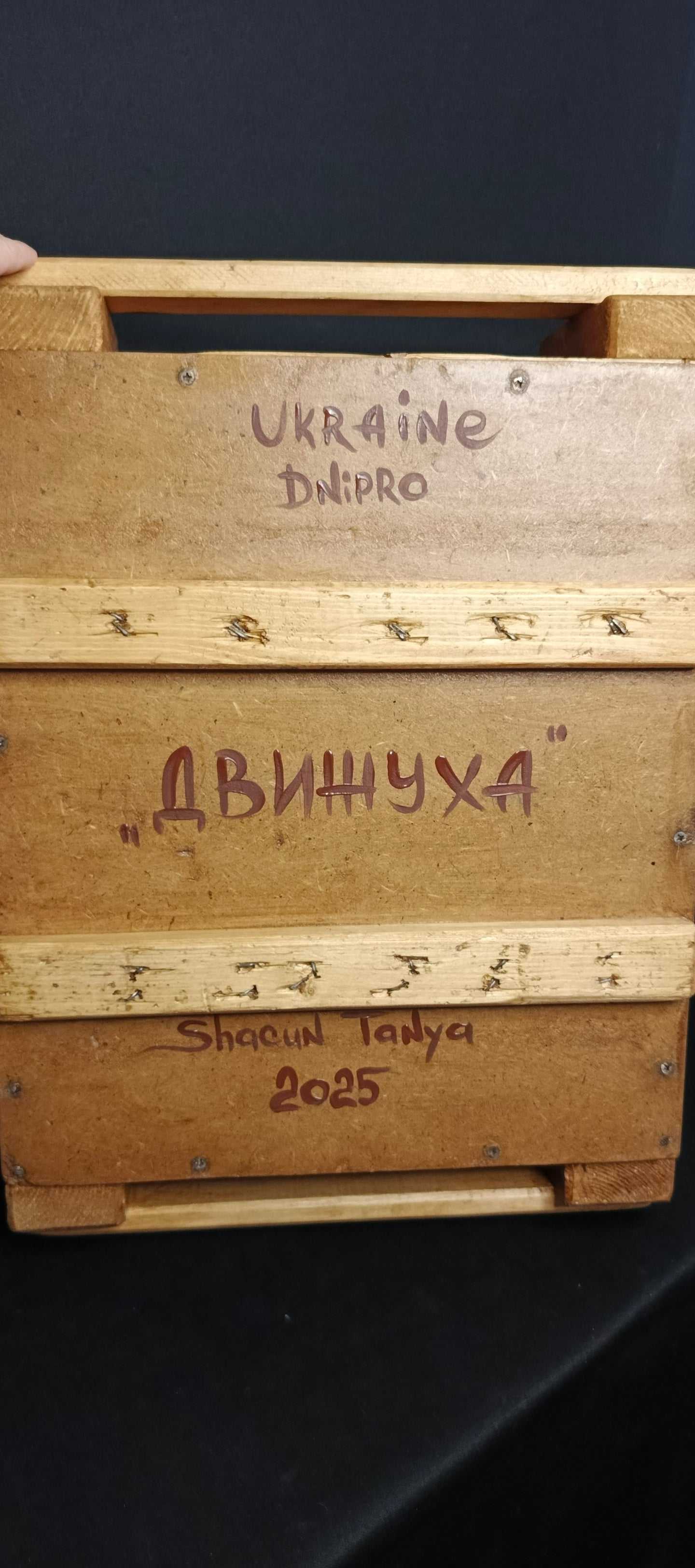 Big Ukrainian Party painted ammunition box by Tanya Shacun inspired by Putin, 49x35x15 cm