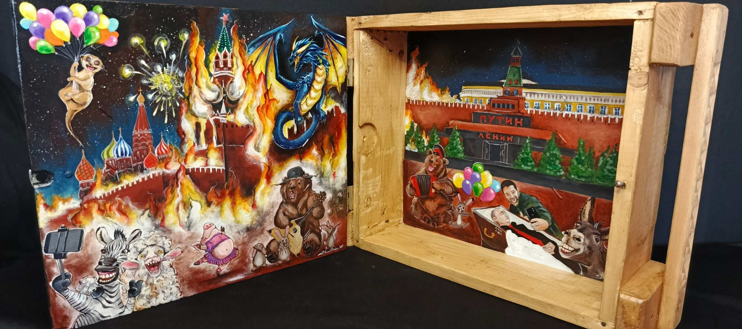 Big Ukrainian Party painted ammunition box by Tanya Shacun inspired by Putin