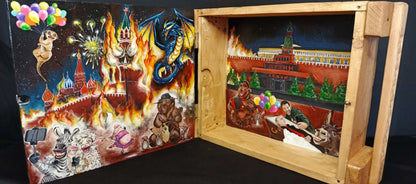 Big Ukrainian Party painted ammunition box by Tanya Shacun inspired by Putin