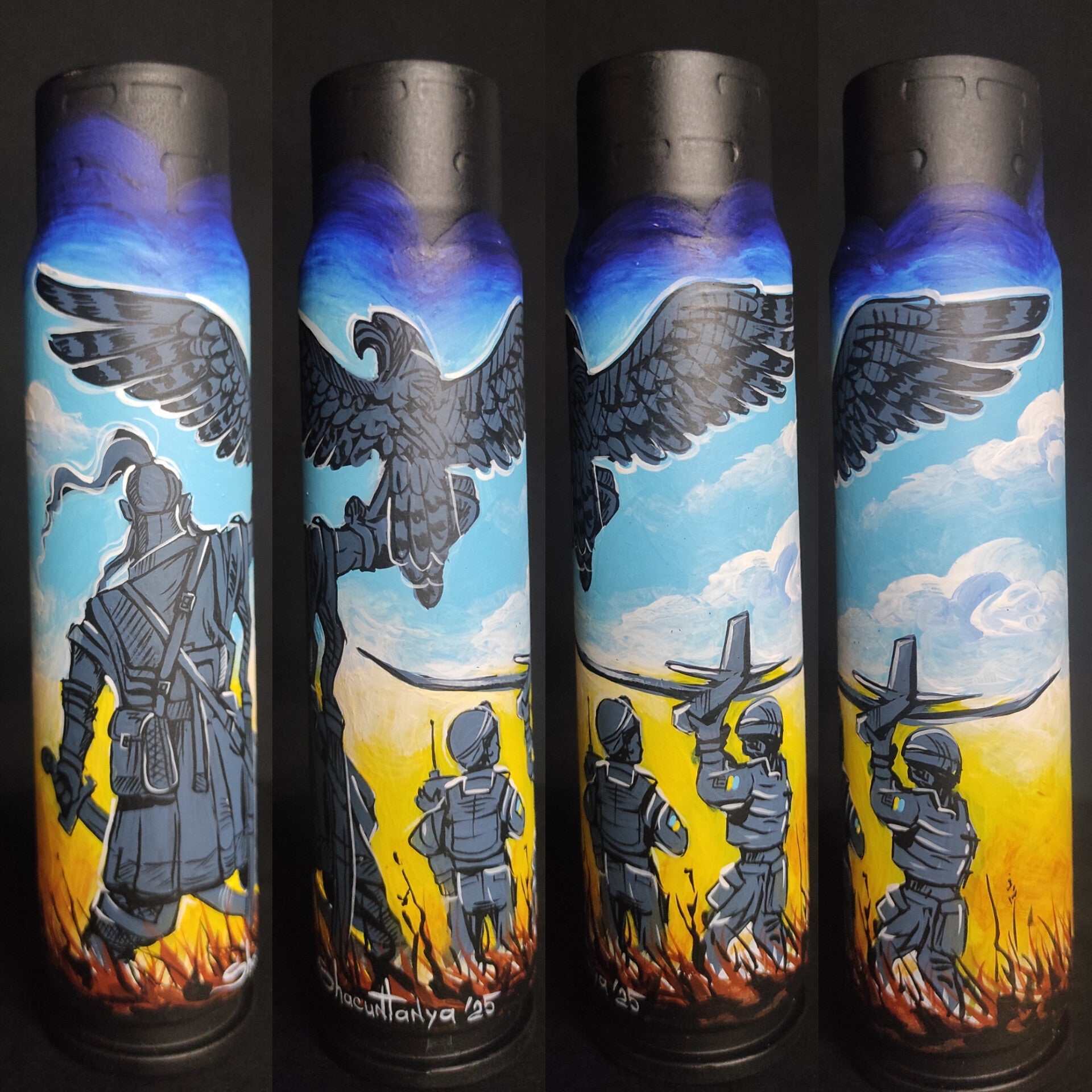 Bird and drone launch artwork painted on a 30mm shell with Russia impaled on Tryzub design