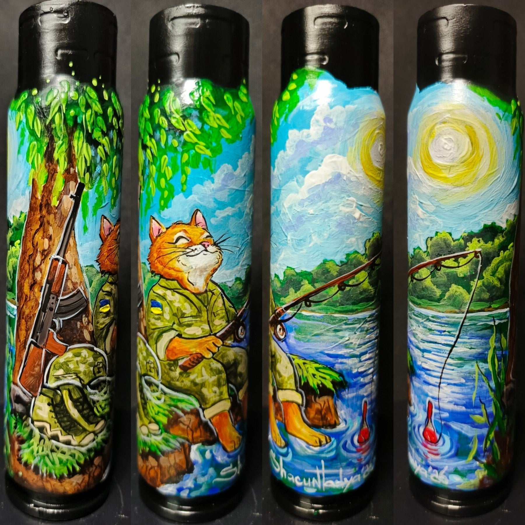 30mm exploded shell painted with Break from War artwork by Ukrainian artist Tanya Shacun