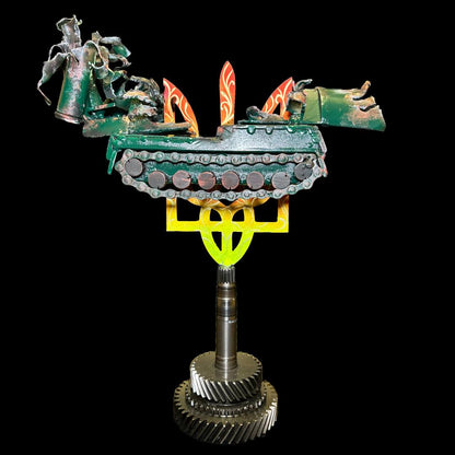 Buk missile system sculpture impaled on Ukrainian Tryzub symbol