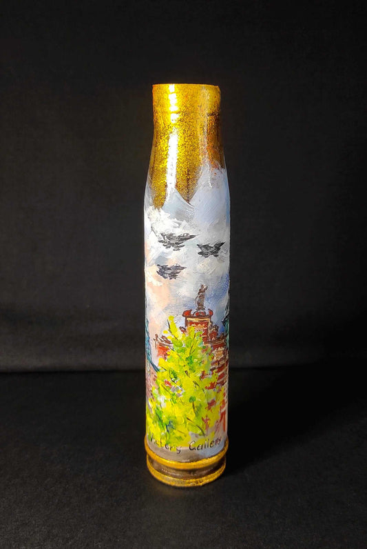 30mm shell drawing of Copenhagen's Church of Our Savior on a 16.5cm tall shell by Inna Zubok, thank you Denmark artwork