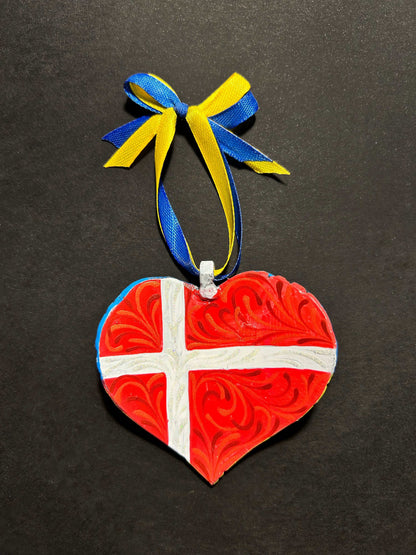 Iron Heart ornament painted with Danish and Ukrainian flags made from 122mm grad rocket
