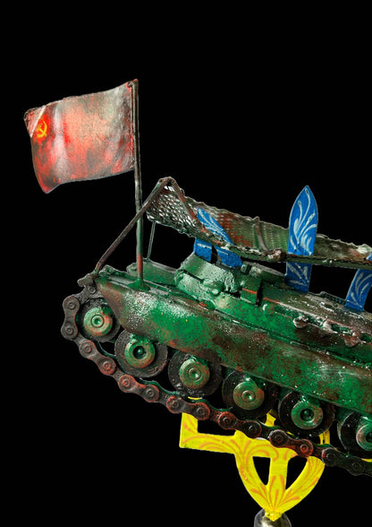 Destroyed Russian tank impaled on Tryzub with Soviet flag, 39x34cm sculpture