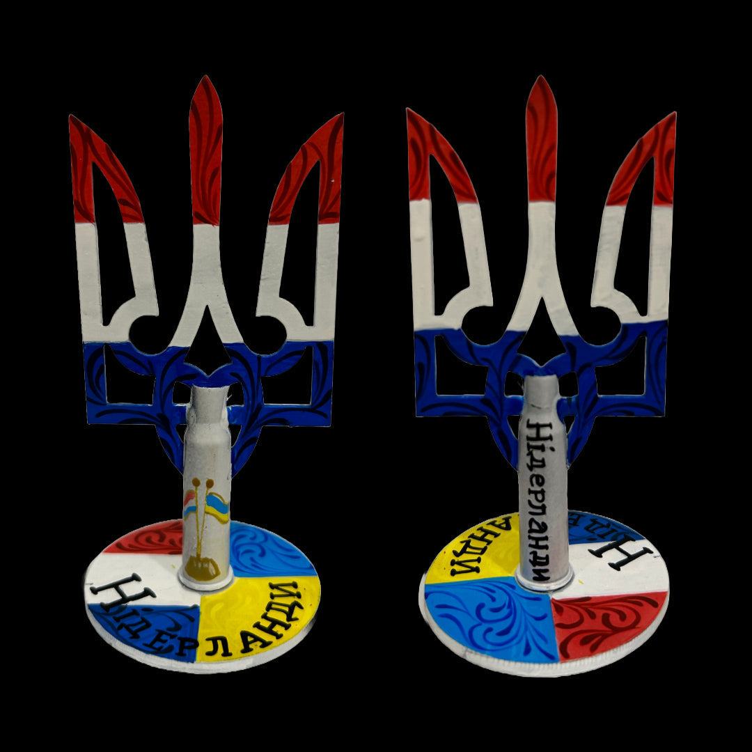 Tryzub painted with Dutch flag colors and bullet cartridge artwork by Anastasia Leonova