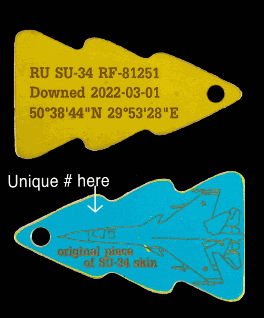 Engraved keychain made from SU-34 fighter-bomber skin with crash coordinates and aircraft details