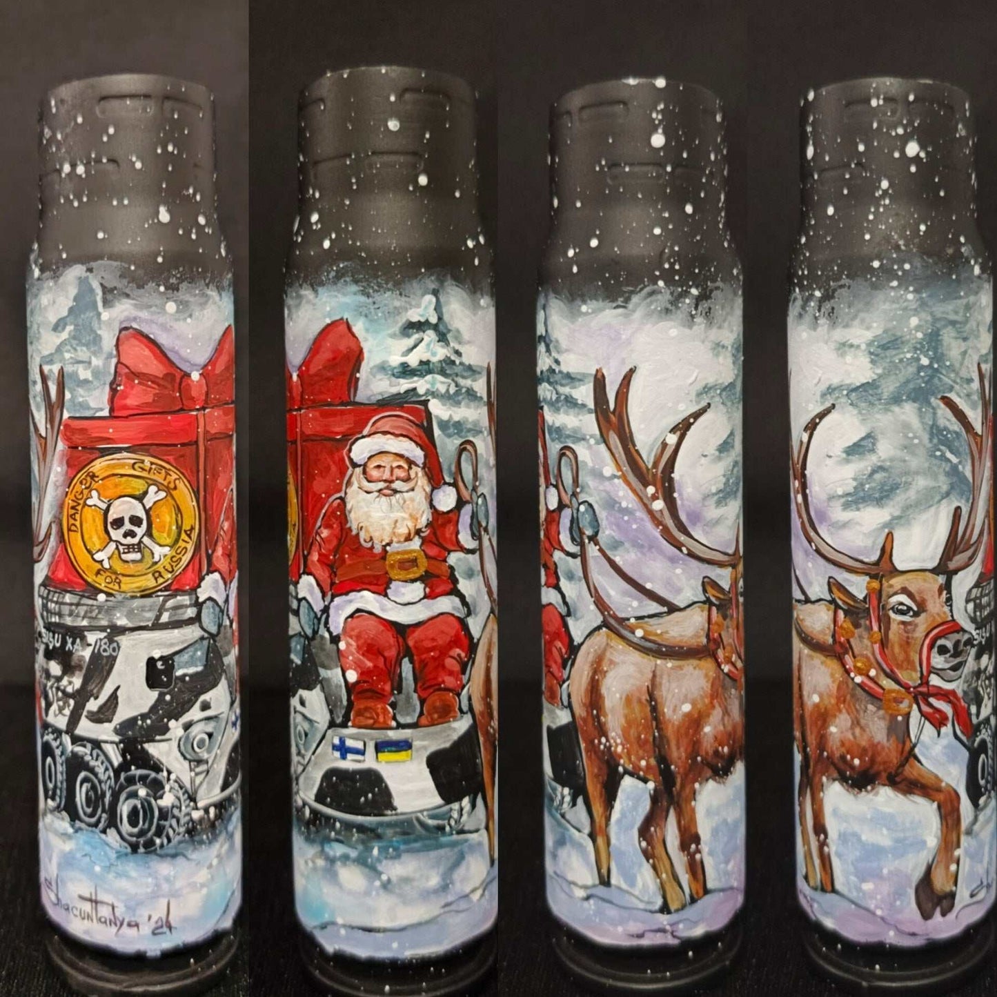Drawing of Santa's reindeer pulling Finnish Patria Pasi on a 30mm shell by Tanya Shacun