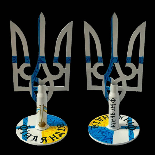 Small Tryzub painted with Finnish flag and bullet cartridge by artist Anastasia Leonova