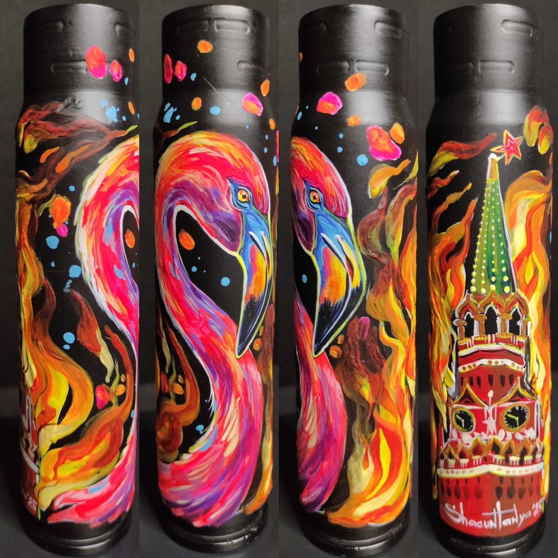 Fluorescent painted 30mm shell artwork of a flamingo burning down Red Square by Tanya Shacun